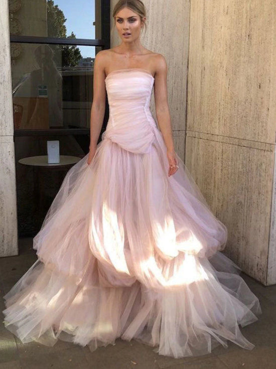 Gorgeous Strapless Layered Light Pink Tulle Long Prom Dresses, Light Pink Tulle Formal Graduation Evening Dresses 