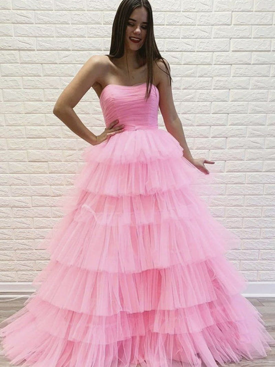 Gorgeous Strapless Layered Pink Tulle Long Prom Dresses, Pink Tulle Formal Evening Dresses 