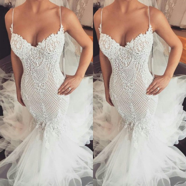 Gorgeous V-Neck Lace Wedding Dresses | Tulle Mermaid Bridal Gowns BC0799