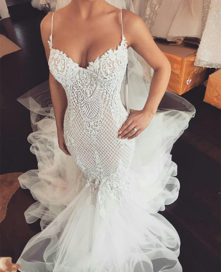 Gorgeous V-Neck Lace Wedding Dresses | Tulle Mermaid Bridal Gowns BC0799