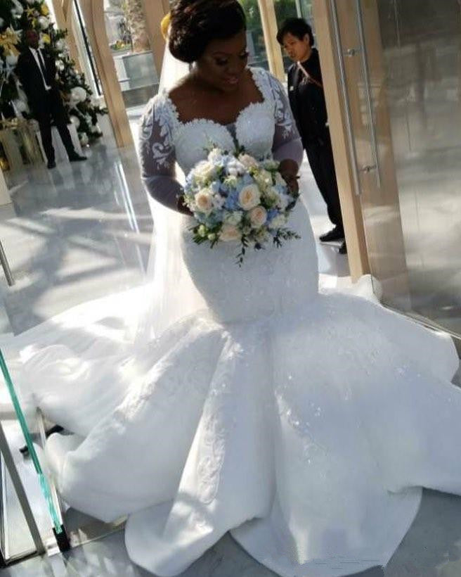 Gorgeous White Mermaid Beads 3/4-length Sleeves Wedding Dress | Plus Size Bridal Gown