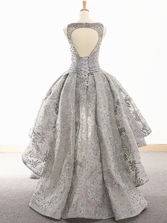 Gray Lace High Low Prom Dresses, Grey High Low Lace Formal Graduation Homecoming Dresses