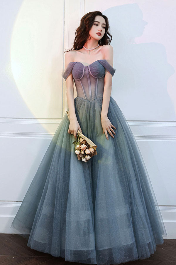 Gray Tulle Off The Shoulder Lace Up Long Prom Dress Long Evening Dress