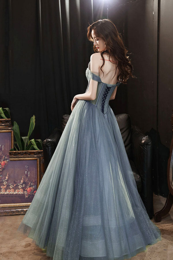 Gray Tulle Off The Shoulder Lace Up Long Prom Dress Long Evening Dress