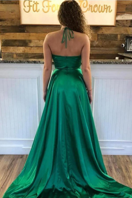 Green Satin A-line Deep V-Neck Long Prom Dress With Pocket