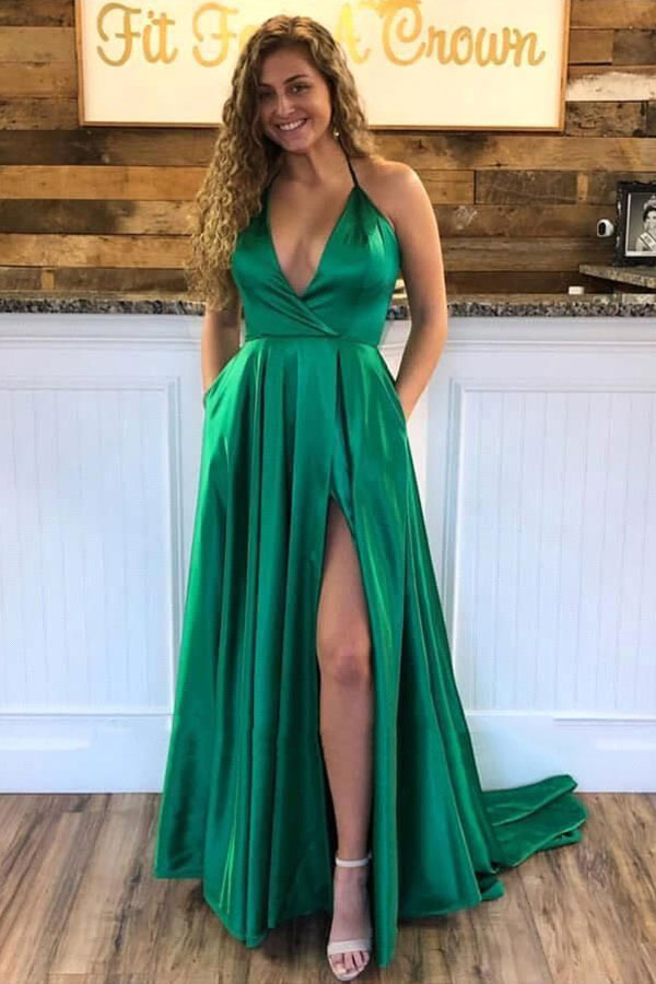 Green Satin A-line Deep V-Neck Long Prom Dress With Pocket