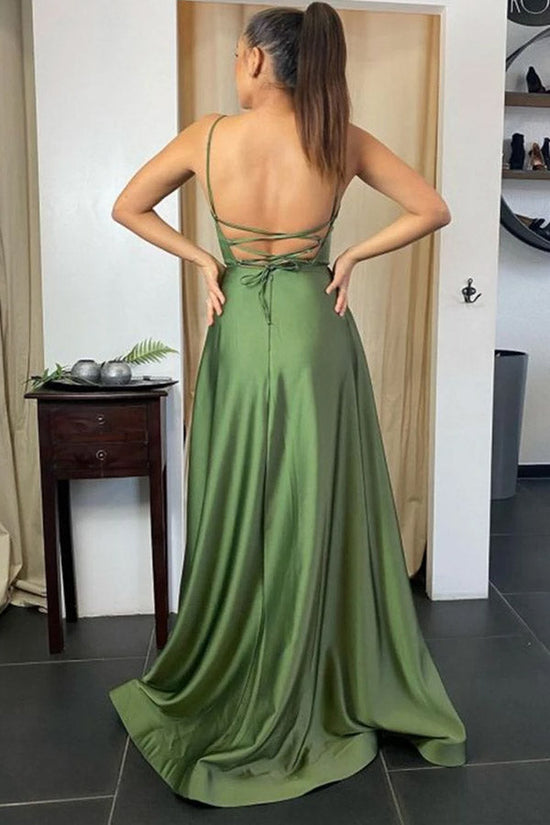 Green Satin Backless Straps Long Prom Dresses With Slit