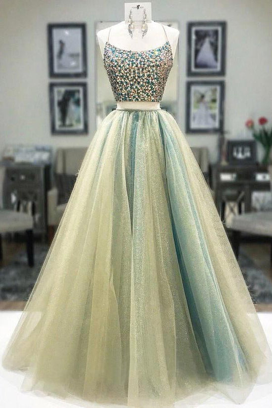 Green Tulle Two Piece Corset Back Beaded Long Prom Dress