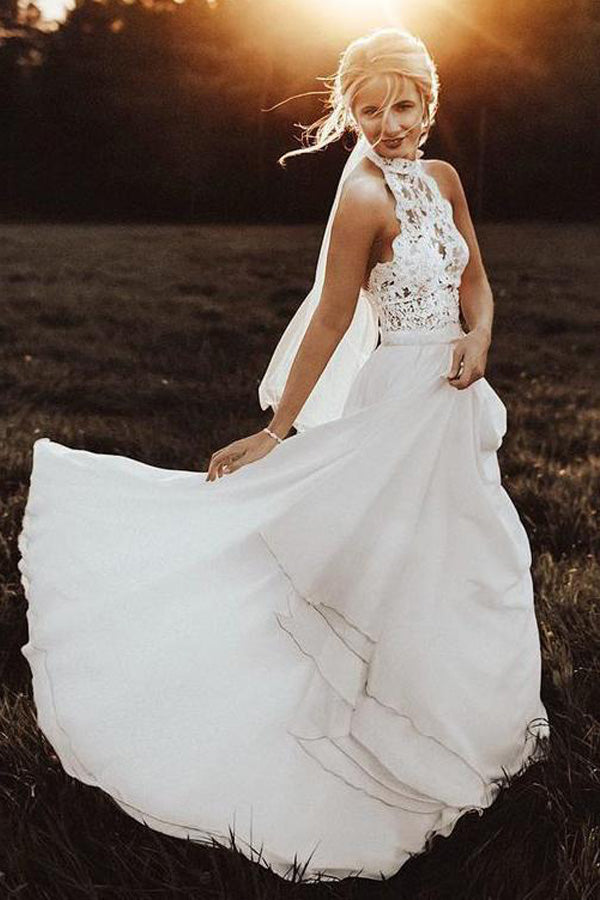 Halter Lace Wedding Dress Chiffon Beach Birdal Gown