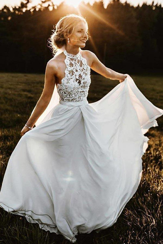Halter Lace Wedding Dress Chiffon Beach Birdal Gown