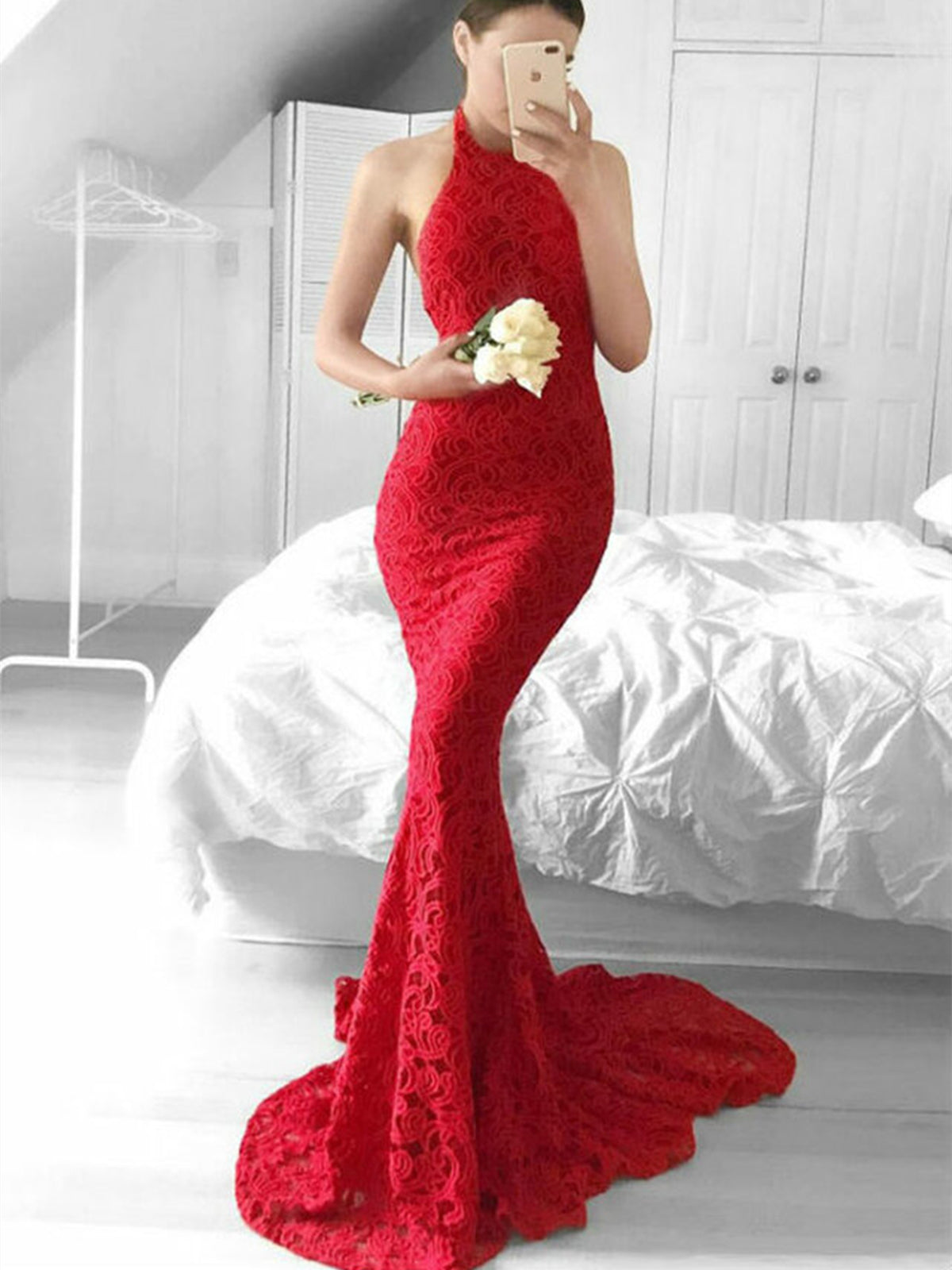 Halter Neck Backless Mermaid Red Lace Long Prom Dresses, Mermaid Red Formal Dresses, Red Lace Evening Dresses 