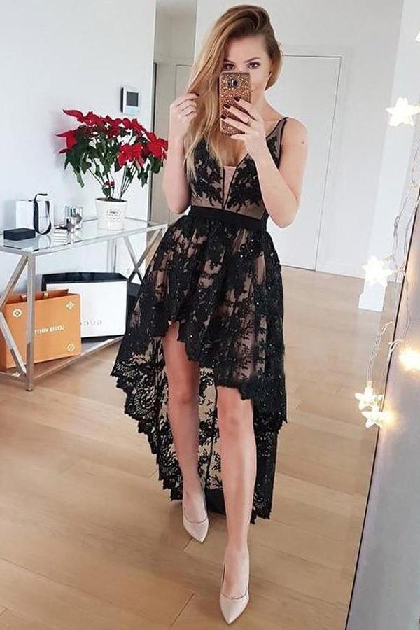 High Low Black Lace Homecoming Dress