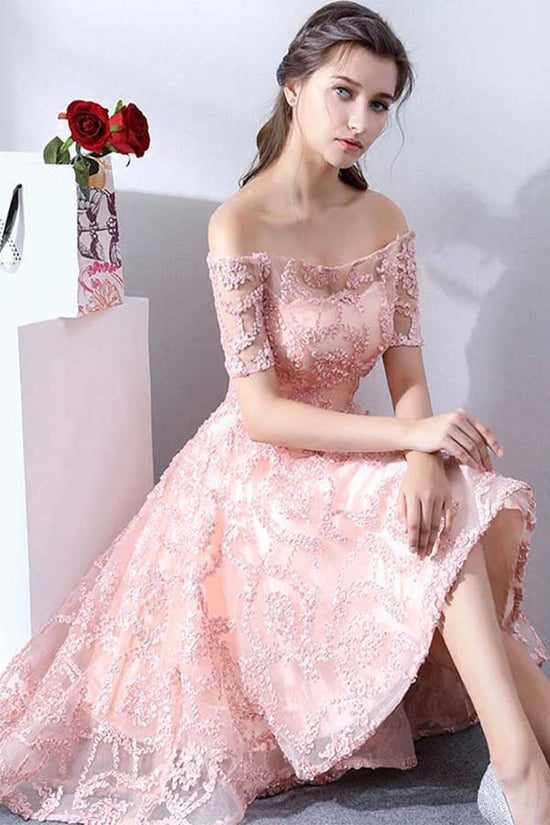 High Low Pink Lace Homecoming Dress Short Prom Dress