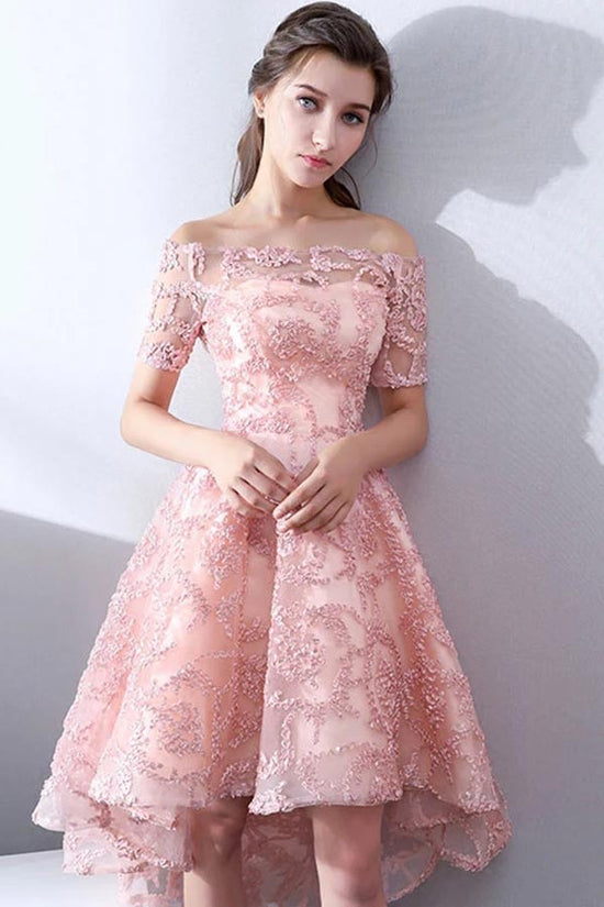 High Low Pink Lace Homecoming Dress Short Prom Dress