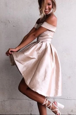 High Low Satin Short Prom Dress Off The Shoulder Homecoming Dress