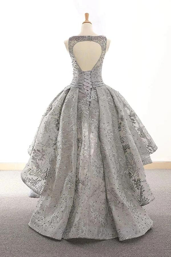 High Low Silver Lace Prom Dress With Beading