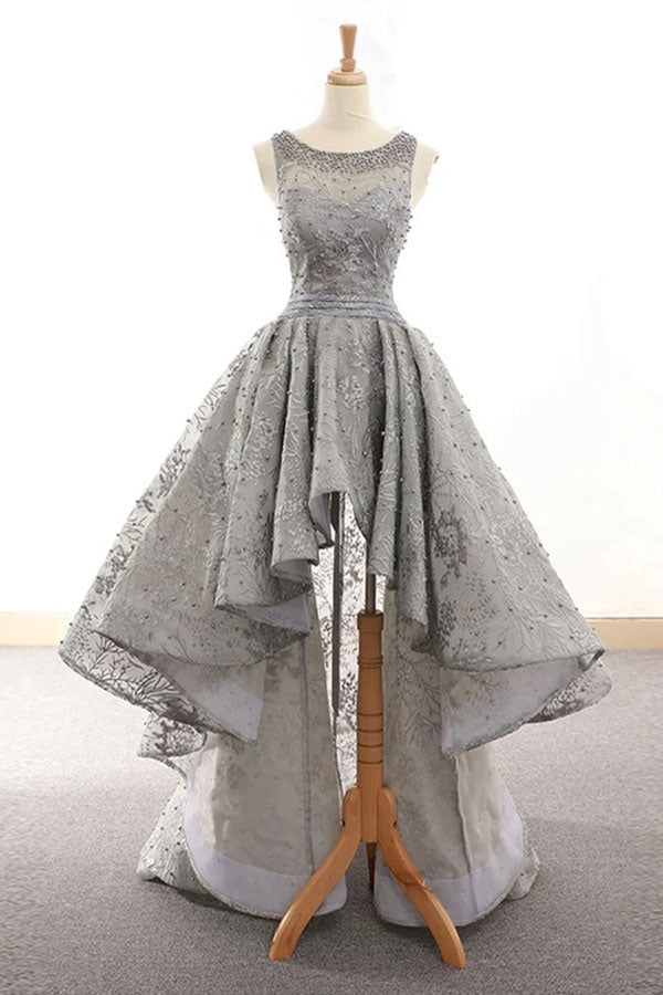 High Low Silver Lace Prom Dress With Beading