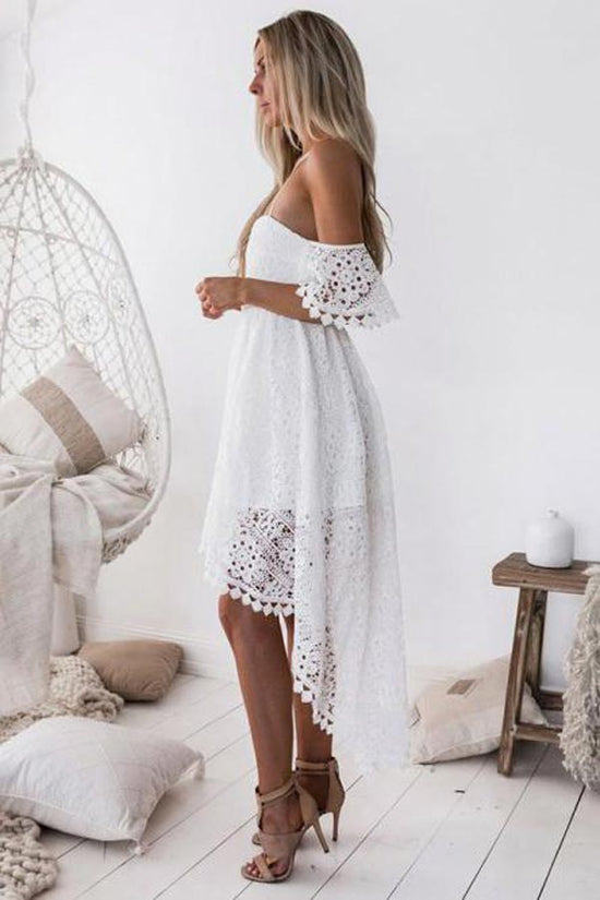 High Low Sweetheart White Lace Homecoming Dress
