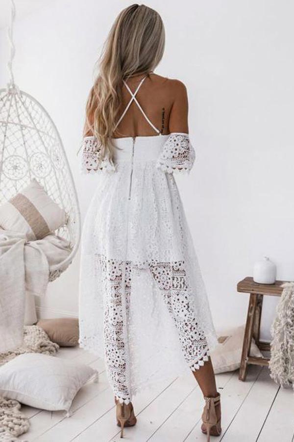 High Low Sweetheart White Lace Homecoming Dress