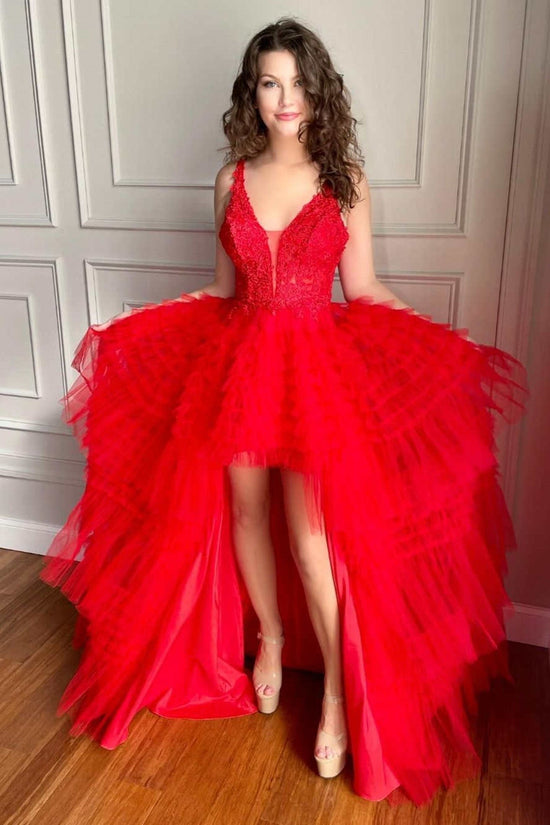 High Low V Neck Red Lace Long Prom Dresses, Backless Red Lace Formal Dresses, Red Lace Evening Dresses 
