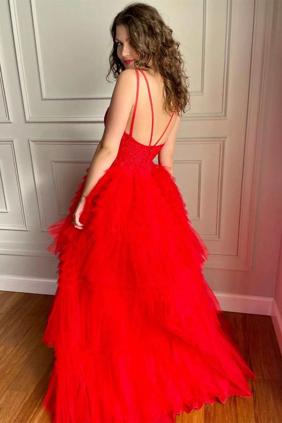 High Low V Neck Red Lace Long Prom Dresses, Backless Red Lace Formal Dresses, Red Lace Evening Dresses
