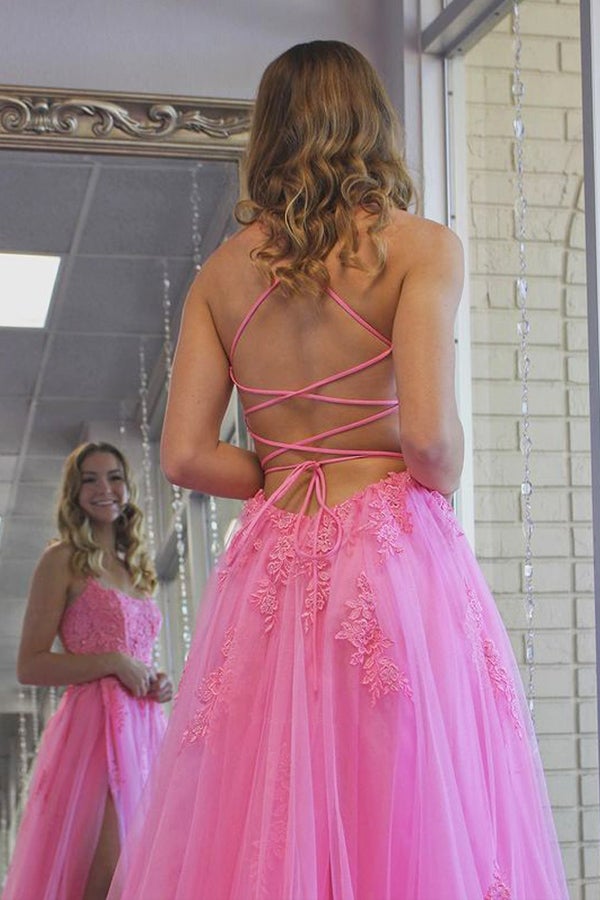 Hot Pink Backless Tulle Long Prom Dress With Slit