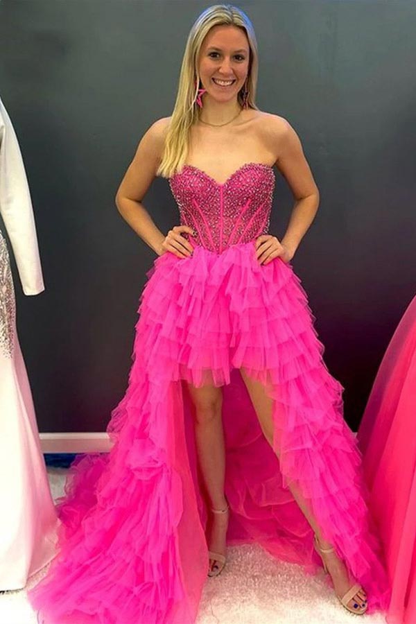 Hot Pink Beaded High Low Sweetheart Prom Dress Party Dress