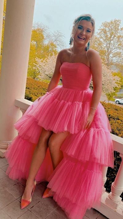 Hot Pink High Low Strapless Layered Tulle Prom Dress Long Party Dress