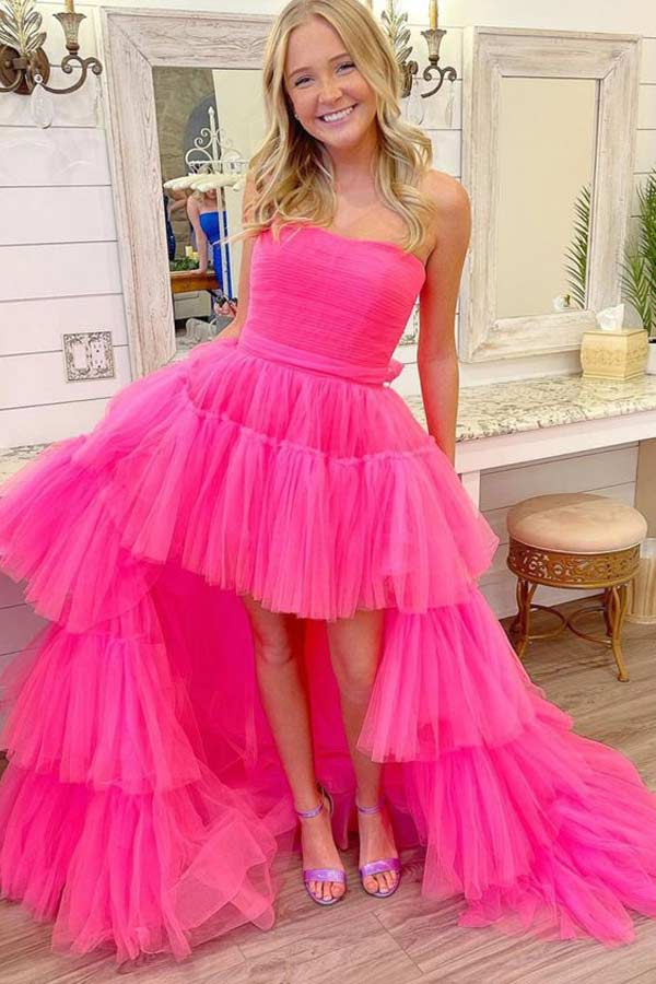 Hot Pink High Low Strapless Layered Tulle Prom Dress Long Party Dress