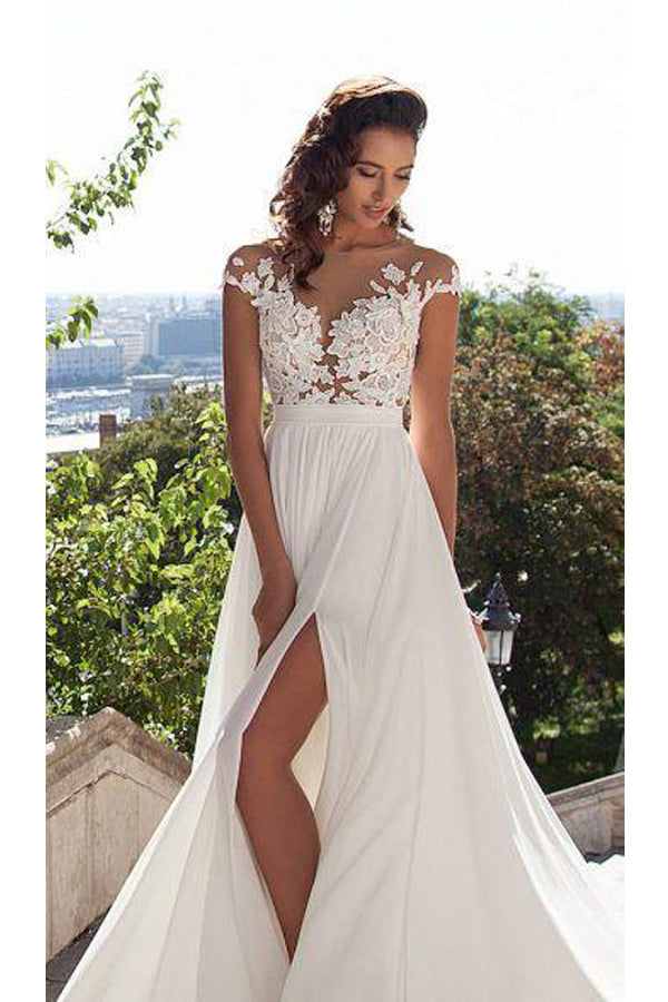 Illusion Neck Cap Sleeve Chiffon Wedding Dress Top Lace Bridal Dress