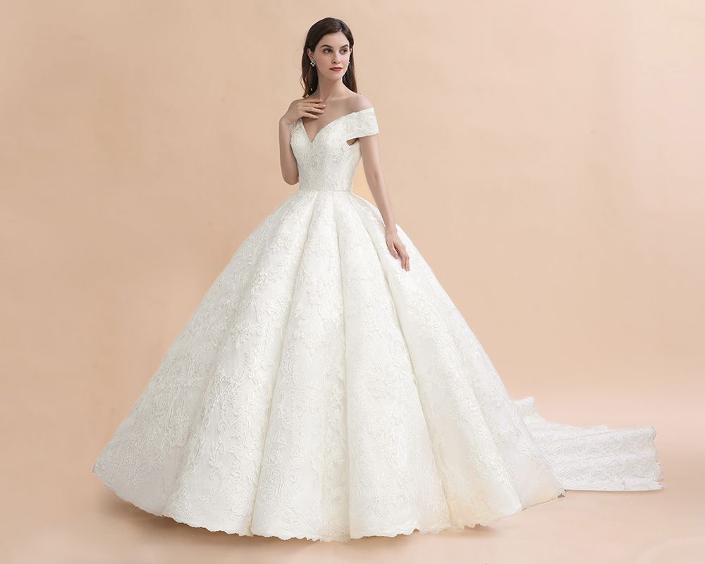 Ivory Off Shoulder Tulle Lace Appliques Ball Gown Bridal Dress