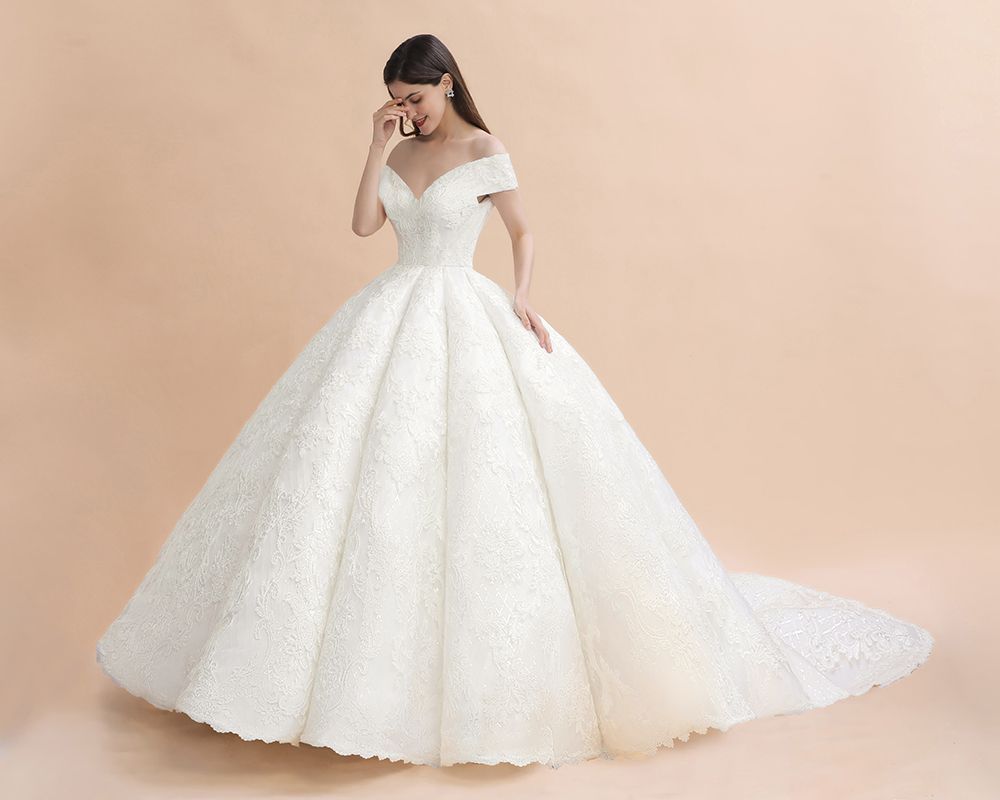 Ivory Off Shoulder Tulle Lace Appliques Ball Gown Bridal Dress