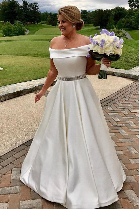 Ivory Satin Off The Shoulder Long Wedding Dresses With Belt