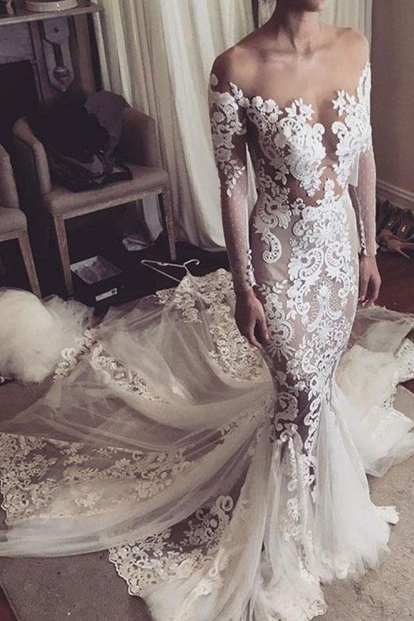 Lace Appliques Mermaid Wedding Dress Long Sleeve Bridal Gown