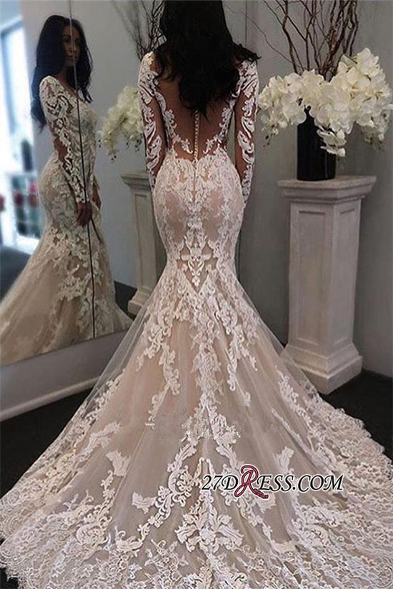 Lace Mermaid Sheer-Tulle Long-Sleeve Gorgeous Retro Illusion Wedding Dress JJ0155
