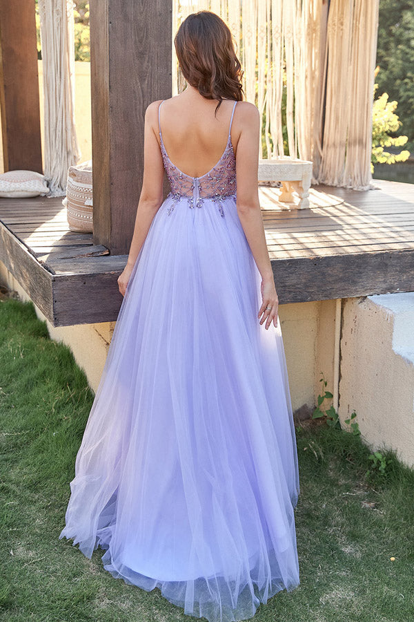 Lavender A-Line Tulle Long Prom Dress With Beading