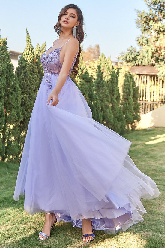 Lavender A-Line Tulle Long Prom Dress With Beading