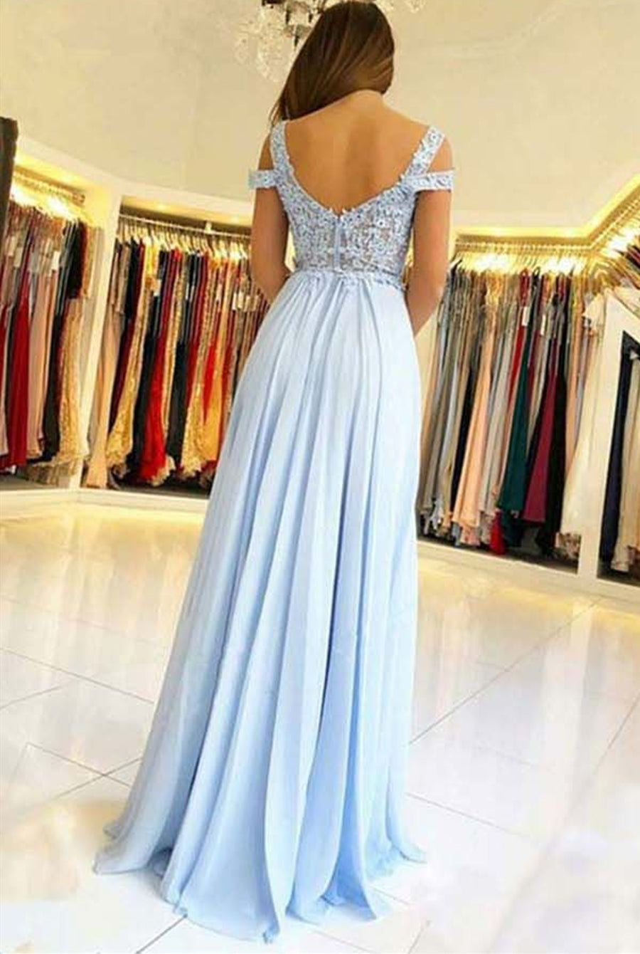 Load image into Gallery viewer, Light Blue Off Shoulder Lace Tulle Long Prom Dresses with Leg Slit, Light Blue Lace Graduation Formal Evening Dresses
