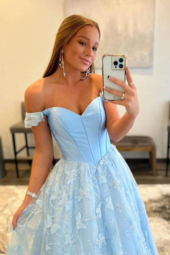 Light Blue Off The Shoulder Embroidered Butterfly Prom Dress