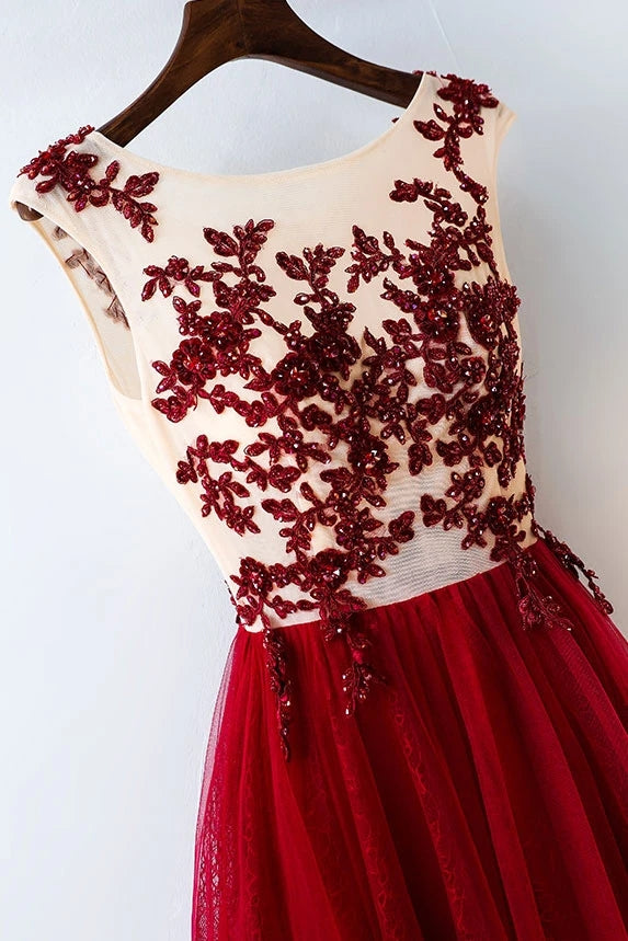 Long Burgundy Tulle Prom Dress With Lace Appliques