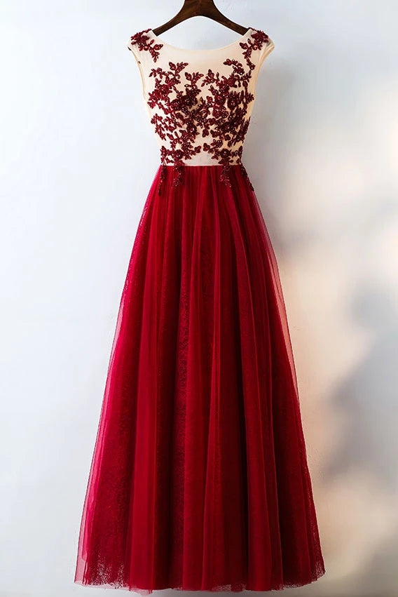 Long Burgundy Tulle Prom Dress With Lace Appliques