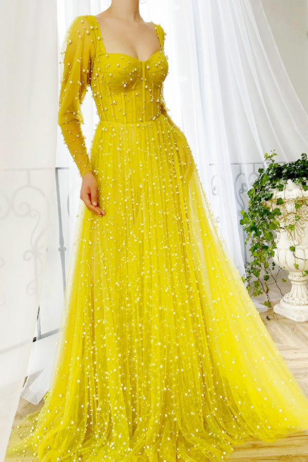 Long Sleeve Daffodil Tulle Prom Dress Shiny Formal Dress