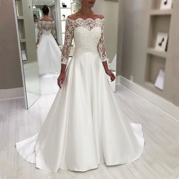 Long Sleeve Illusion Neck Satin Wedding Dress Lace Top Wedding Dress