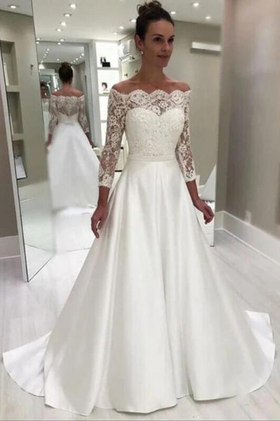 Long Sleeve Illusion Neck Satin Wedding Dress Lace Top Wedding Dress