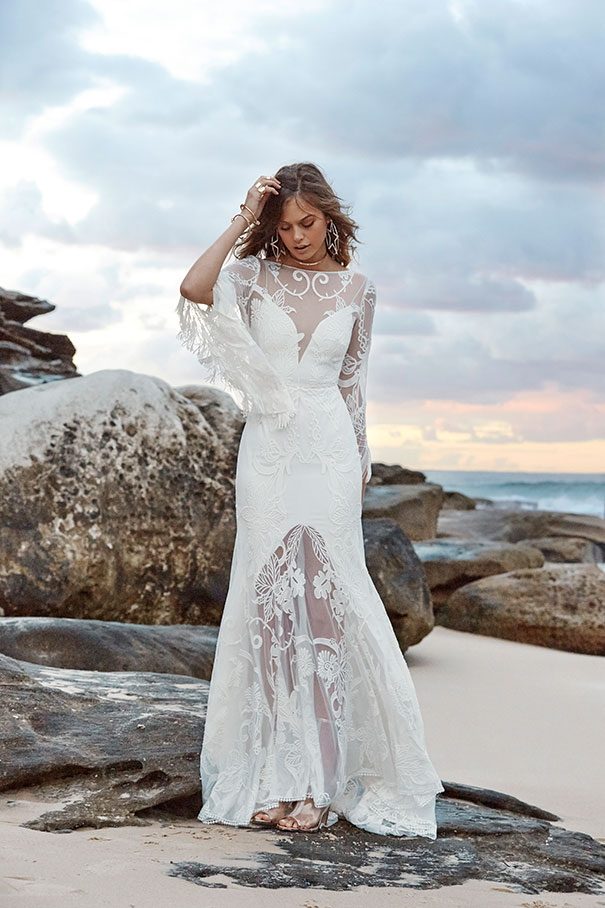 Long Sleeve Illusion Neck White Lace Beach Wedding Dress
