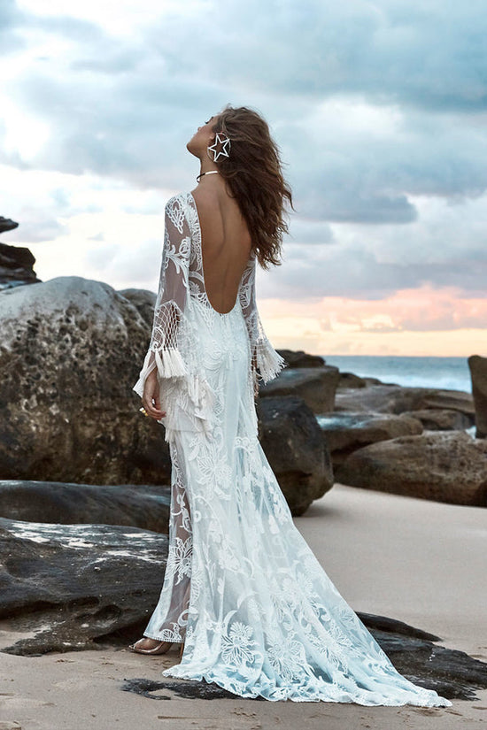 Long Sleeve Illusion Neck White Lace Beach Wedding Dress