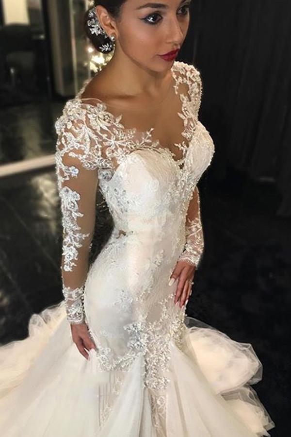 Long Sleeve Mermaid Tulle Wedding Dress With Lace Appliques