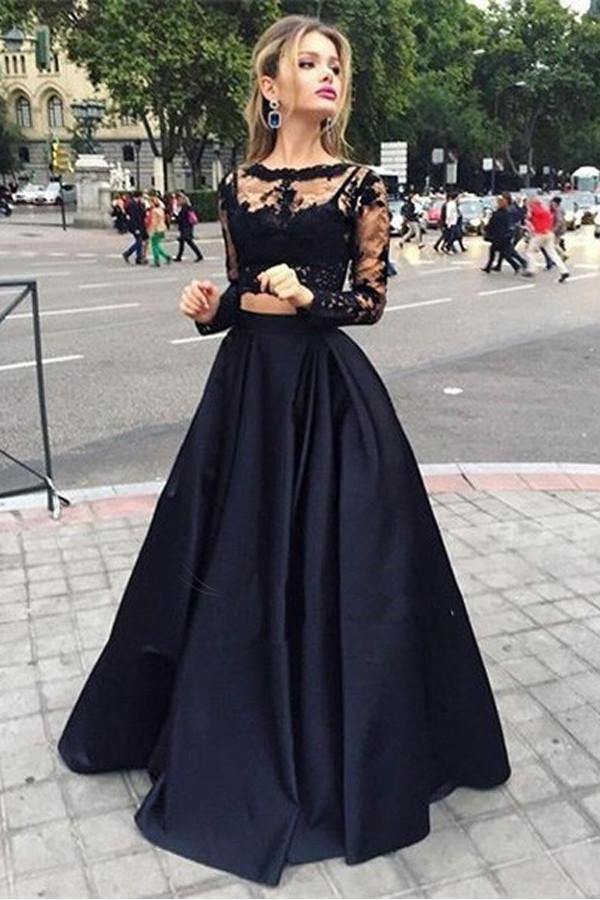 Long Sleeve Two Piece Prom Dress Black Satin Evening Dress