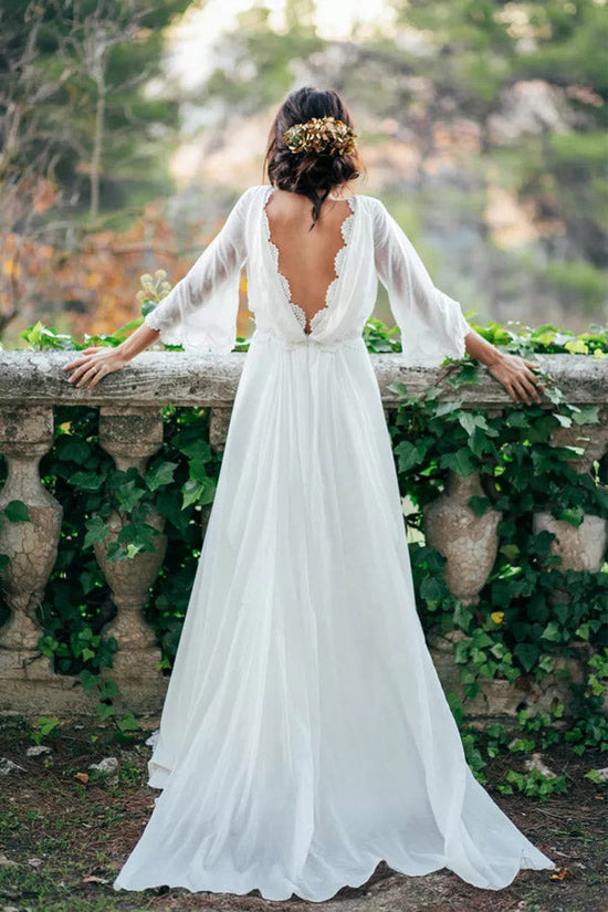 Long Sleeve V Back Ivory Chiffon Wedding Dress A Line Bridal Gown