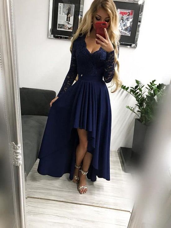 Long Sleeves High Low Burgundy/Navy Blue Lace Long Prom Dresses, Long Sleeves Lace Graduation Dresses, Formal Dresses